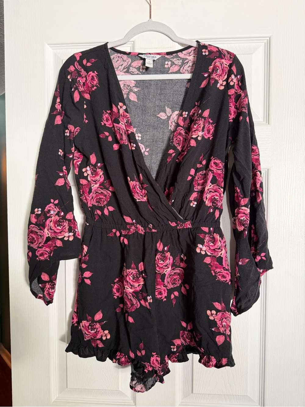 Arizona Jean Company Black Romper with Pink Floral Print and Pockets!